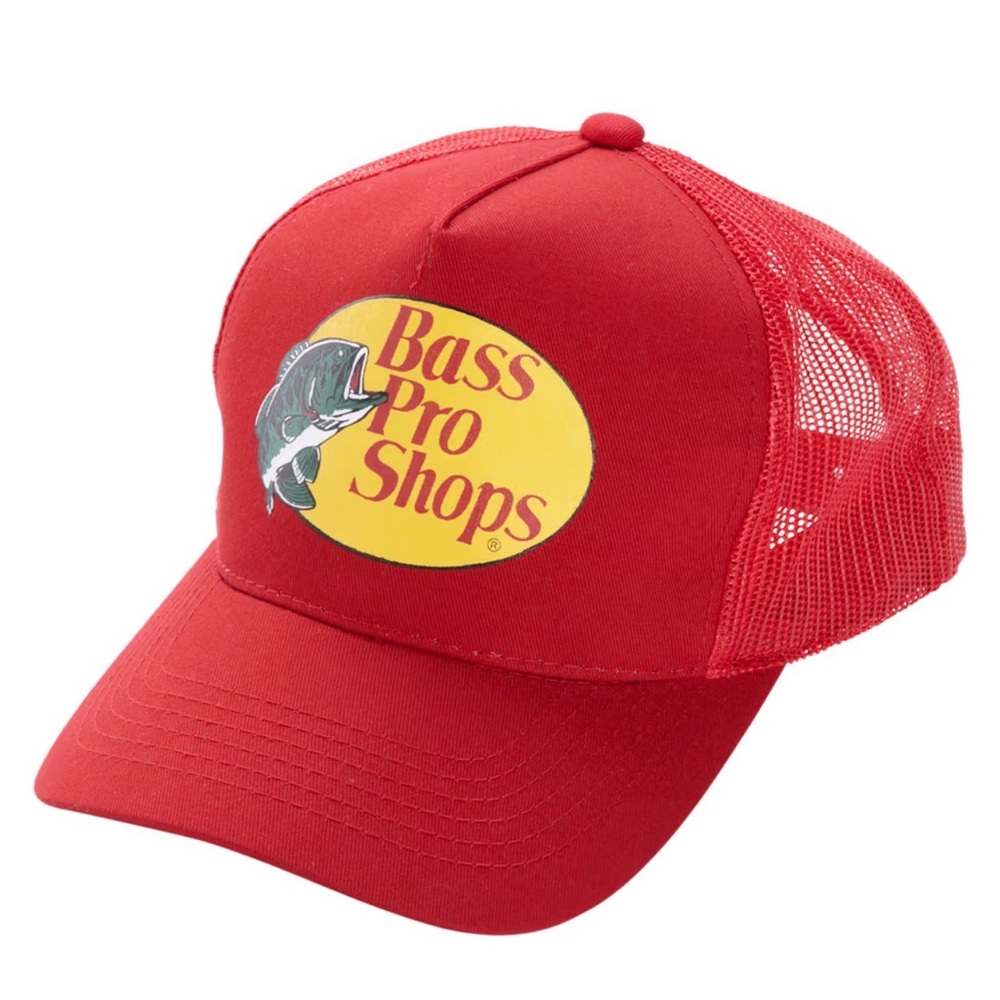 Bass Pro Shops Red Yellow Logo Mesh Hat Cap Adjustable Snapback Trucker Outdoor